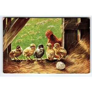 Hen Baby Chicks Cracked Egg Barn Signed Muller Germany Rustic Animals Ser 442